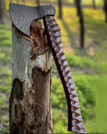 Custom Hand Forged Damascus Steel Viking Bearded Camping Hatchet Tomahawk Axe | 20-Inch with Natural Wood Handle & Leather Sheath