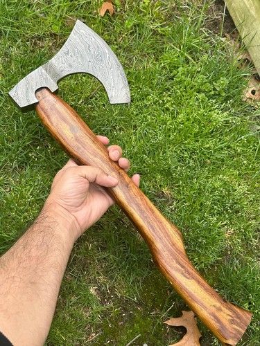 Custom Hand Forged Damascus Steel Viking Bearded Camping Hatchet Tomahawk Axe | 21-Inch with Natural Wood Handle & Leather Sheath