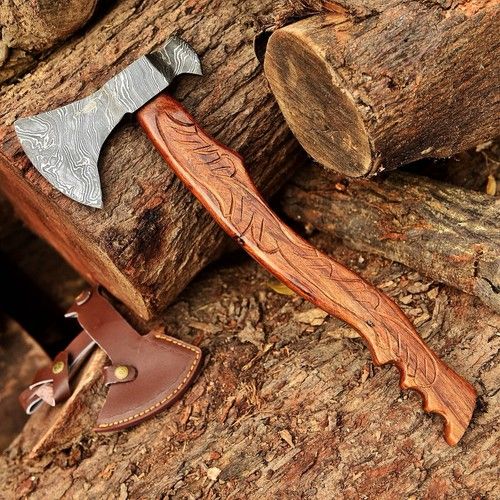 Custom Hand Forged Damascus Steel Viking Bearded Camping Hatchet Tomahawk Axe | Natural Wood Handle & Leather Sheath