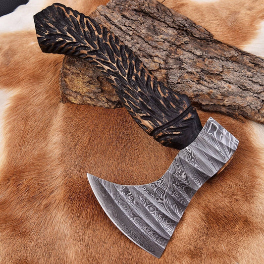 Custom Hand Forged Damascus Steel Viking Bearded Camping Hatchet Tomahawk Axe with Ash Wood Handle and Leather Sheath