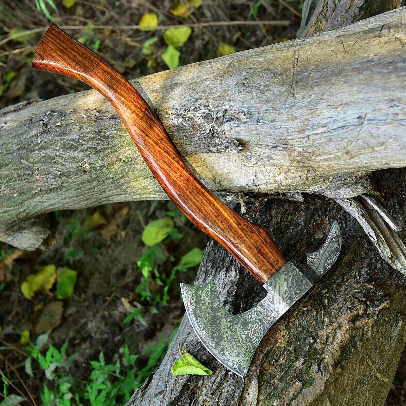 Custom Hand Forged Damascus Steel Viking Bearded Camping Hatchet Tomahawk Axe with Natural Wood Handle and Leather Sheath