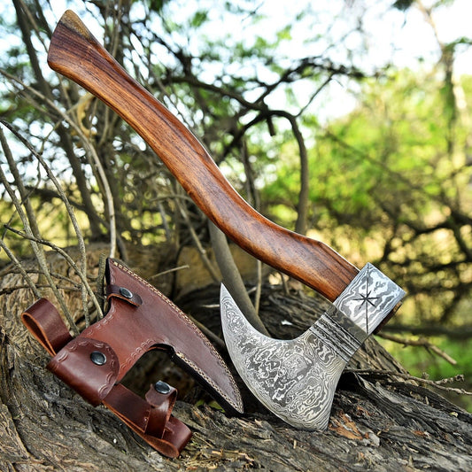 Custom Hand Forged Damascus Steel Viking Outdoor Camping Hatchet Tomahawk Axe with Natural Wood Handle and Leather Sheath