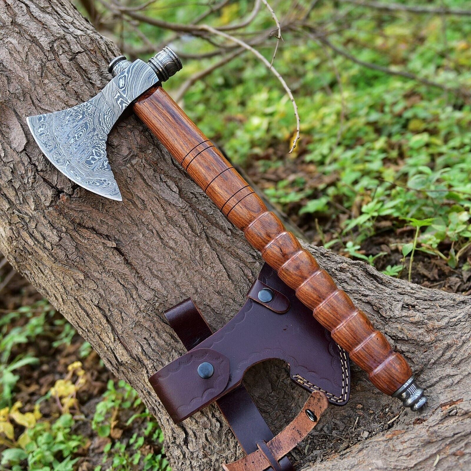 Custom Hand Forged Damascus Steel Viking Smoking Pipe Tomahawk Axe with Natural Wood Handle and Leather Sheath
