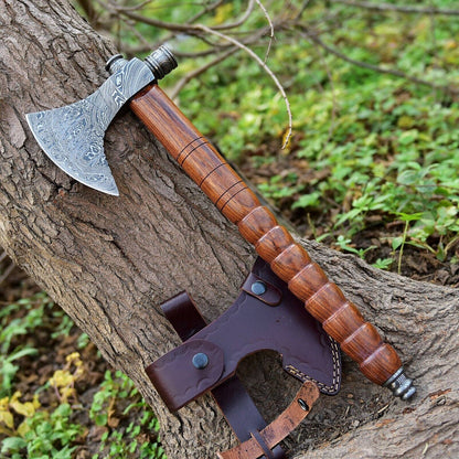 Custom Hand Forged Damascus Steel Viking Smoking Pipe Tomahawk Axe with Natural Wood Handle and Leather Sheath