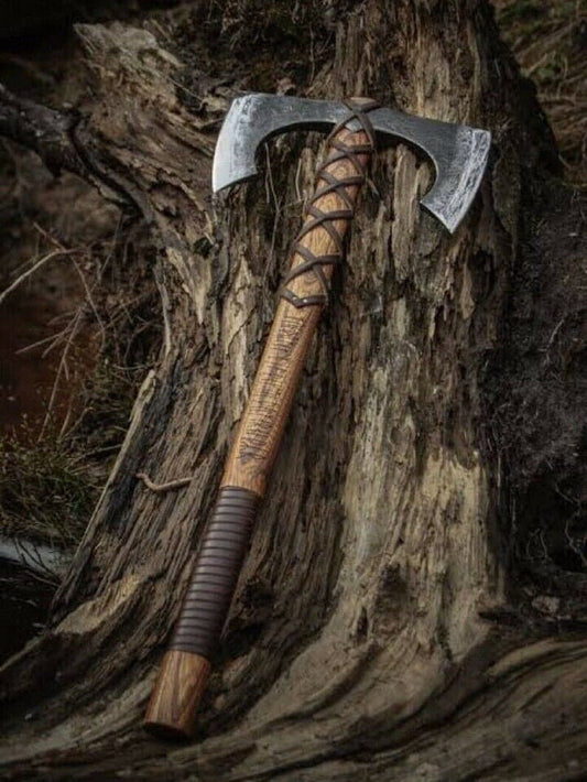 Custom Hand Forged Double Headed Viking Battle Axe with Ash Wood Handle and Leather Sheath