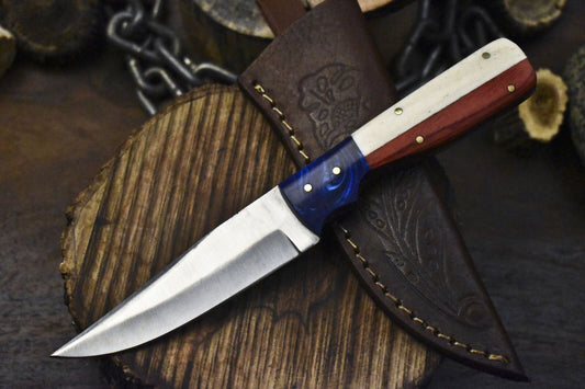 Custom Hand Forged Skinner Knife – AUS-8 Steel, Bone & Wood Handle with Micrata Bolster, 8" EDC Knife