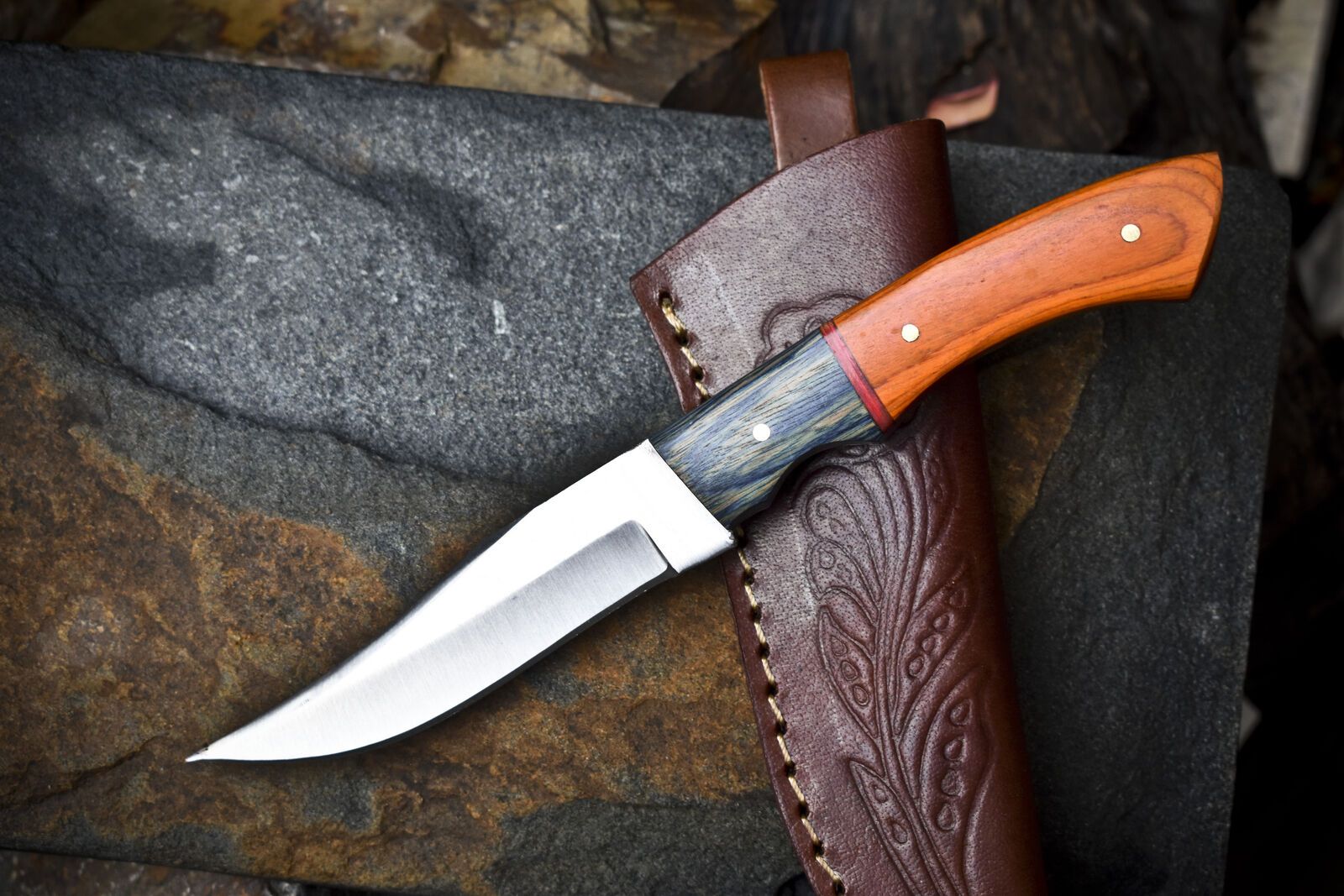 Custom Hand Forged Skinner Knife – AUS-8 Steel, Hard Wood Handle with Wooden Bolster, 8" Hunting Knife