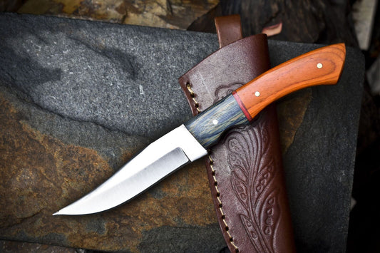 Custom Hand Forged Skinner Knife – AUS-8 Steel, Hard Wood Handle with Wooden Bolster, 8" Hunting Knife