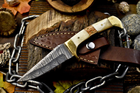 Custom Hand Forged Skinner Knife Twist Damascus Bone and Wood Fishing
