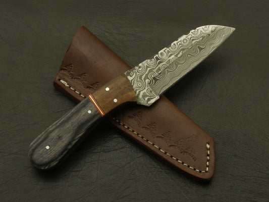 Custom Hand Forged Twist Damascus Skinner Knife Pakka Wood Handle with Leather Sheath