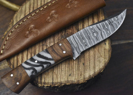 Custom Hand Forged Twist Damascus Skinner Knife with Corain Handle and Wooden Bolster