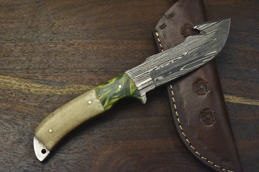 Custom Hand Forged Twist Damascus Skinner Knife with Gut Hook and Bone Handle – 9" Fixed Blade EDC