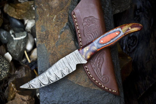 Custom Hand Forged Twist Damascus Skinner Knife with Hardwood Handle – 9.5" Fixed Blade Survival Knife