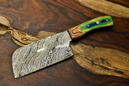 Custom Hand Made Damascus Blade Chef Chopper Knife | Full Tang | Hard Wood Handle