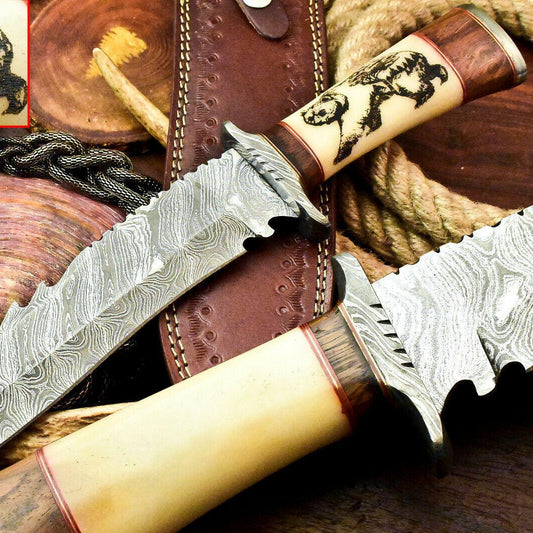 Custom Hand Made Damascus Blade Hunting Bowie Knife | Laser Etched | Camel Bone Handle | 15" Overall