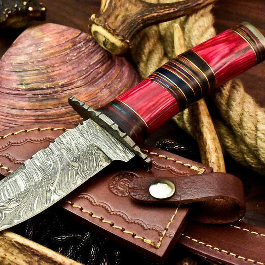 Custom Hand Made Damascus Steel Bowie Hunting Knife | Hard Wood Handle