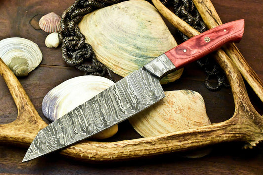 Custom Hand Made Damascus Steel Chef Knife with Hard Wood Handle, Full Tang, 7-Inch Blade, 12-Inch Overall, Oil-Tempered 58-60 HRC, Handcrafted