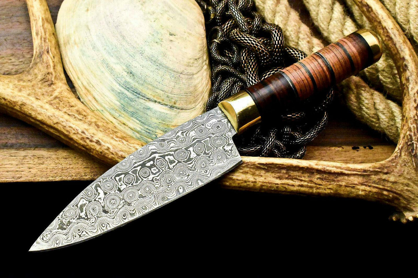 Custom Hand Made Damascus Steel Chef Knife with Stacked Leather Handle, 5-Inch Blade, 10-Inch Overall, Full Tang, Oil-Tempered 58-60 HRC, Handcrafted