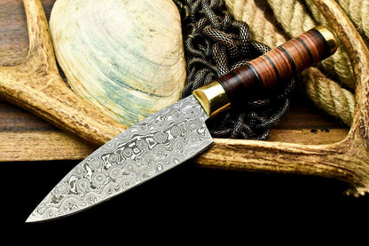 Custom Hand Made Damascus Steel Chef Knife with Stacked Leather Handle, 5-Inch Blade, 10-Inch Overall, Full Tang, Oil-Tempered 58-60 HRC, Handcrafted