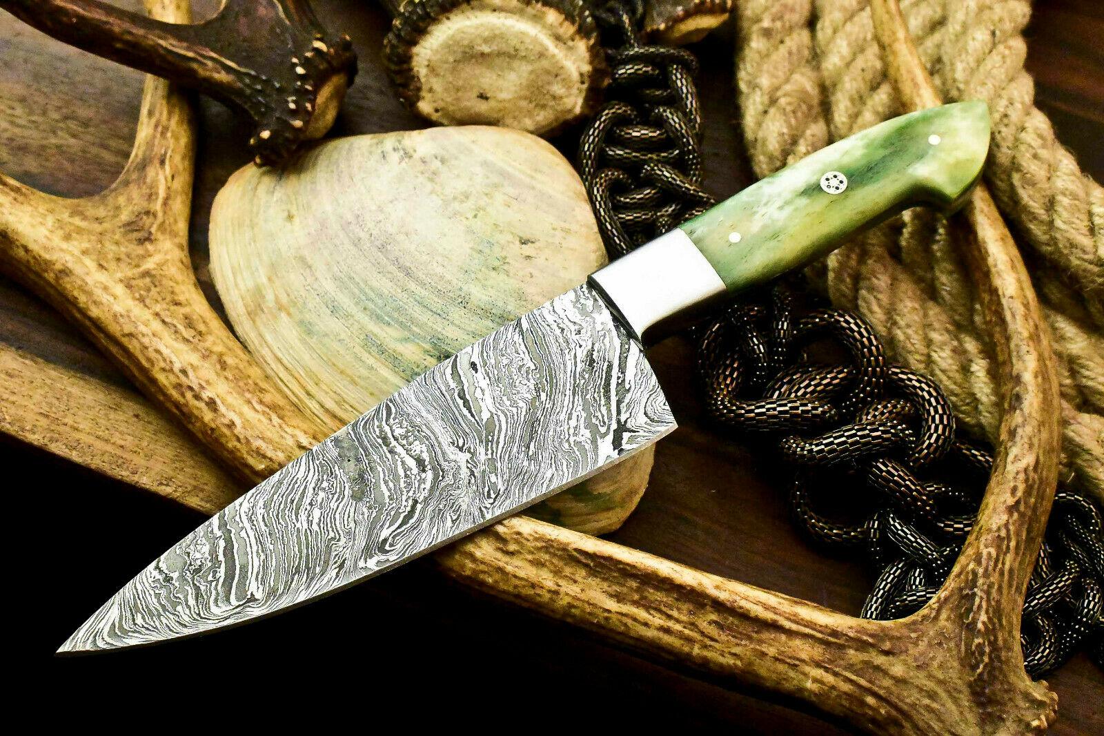Custom Hand Made Damascus Steel Chef Knife with Stained Camel Bone Handle, Full Tang, 6-Inch Blade, 10.5-Inch Overall, Oil-Tempered 58-60 HRC, Handcrafted