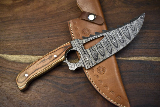 Custom Handmade 11.5 Inch Damascus Skinner Hunting Knife with Twist Pattern Blade and Olive Wood Handle