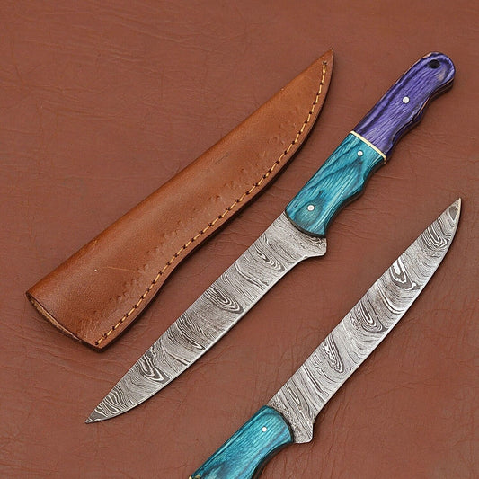 Custom Handmade 12" Damascus Steel Chef Kitchen Knife | Wood Handle & Leather Sheath