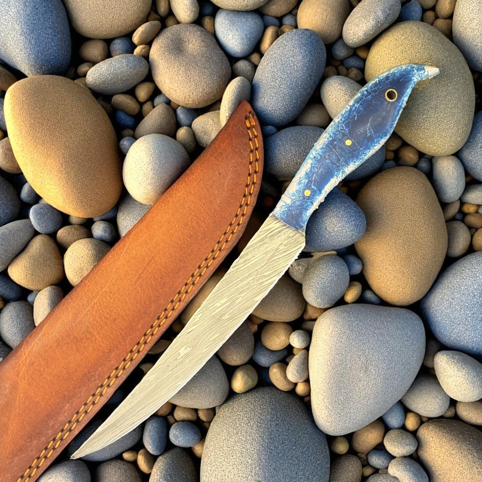 Custom Handmade 12 Inch Damascus Fillet Knife with Leather Sheath
