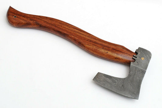 Custom Handmade 15 Inch Damascus Steel Axe with Rosewood Handle and Leather Sheath