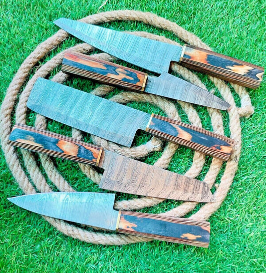 Custom Handmade 5-Piece Damascus Steel Chef Knife Set – Professional Kitchen Cutlery with Wooden Handles & Leather Bag