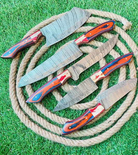 Custom Handmade 5-Piece Damascus Steel Chef Knife Set with Leather Bag

