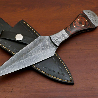 Custom Handmade 8" Damascus Boot Bowie Knife with Pakka Wood Handle & Leather Sheath