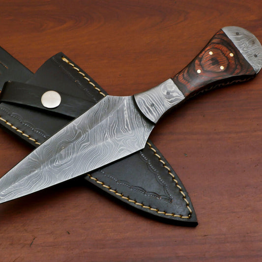 Custom Handmade 8" Damascus Boot Bowie Knife with Pakka Wood Handle & Leather Sheath