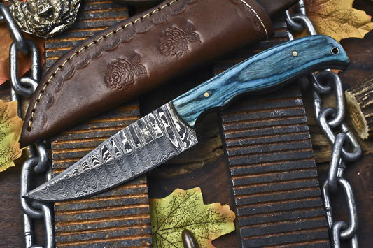 Custom Handmade 8 Inch Damascus Skinner Knife with Ladder Pattern Blade and Hard Wood Handle – Rare Camping Knife