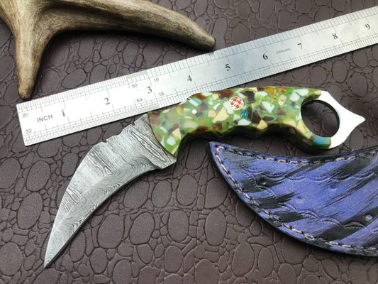 Custom Handmade Best Damascus Karambit 8" Damascus Steel Karambit Knife with Resin Handle