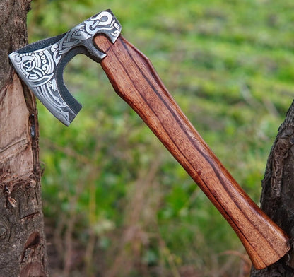 Custom Handmade Carbon Steel 14" Viking Axe – Real Hatchet with Leather Sheath