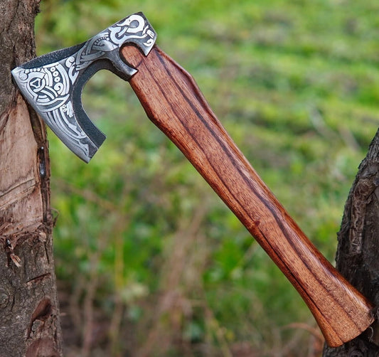 Custom Handmade Carbon Steel 14" Viking Axe – Real Hatchet with Leather Sheath