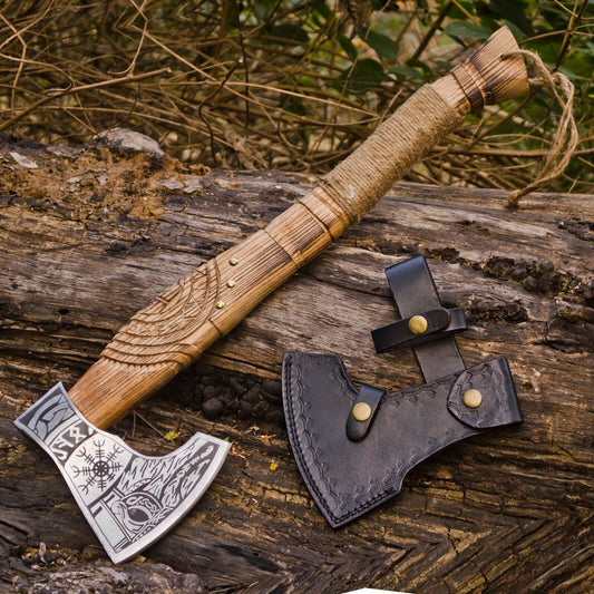 Custom Handmade Carbon Steel Axe Viking Axe with Ash Wood Handle and Leather Sheath