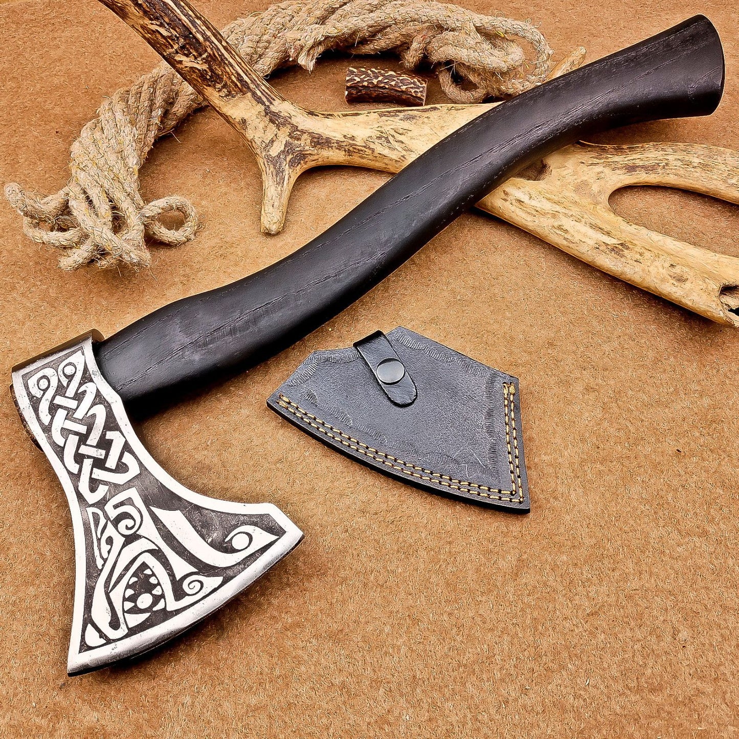 Custom Handmade Carbon Steel Axe Viking Axe with Wood Handle & Leather Sheath 