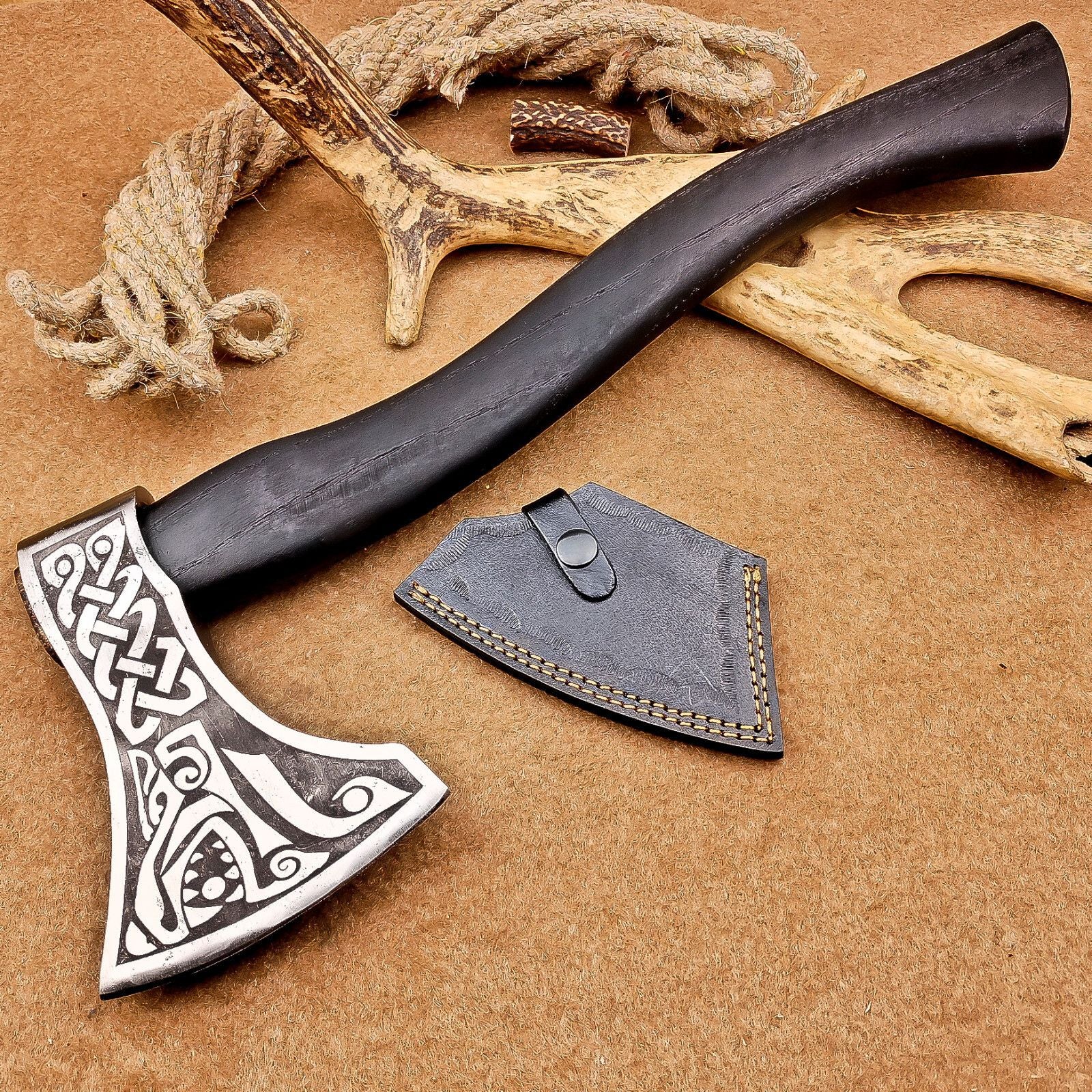 Custom Handmade Carbon Steel Axe Viking Axe with Wood Handle & Leather Sheath 
