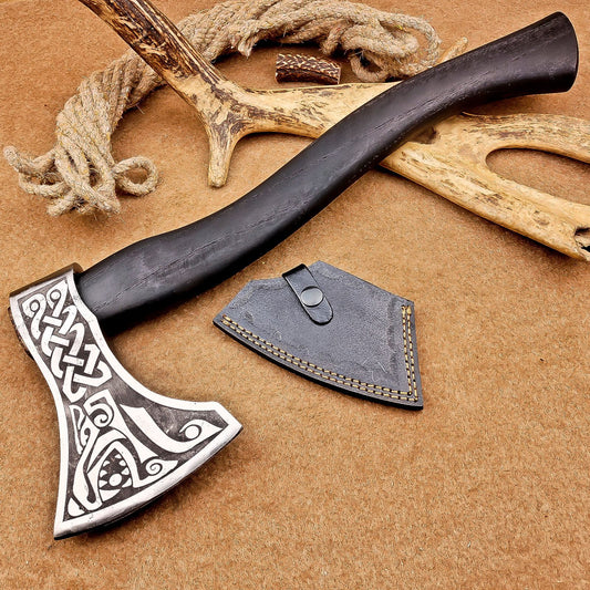 Custom Handmade Carbon Steel Axe Viking Axe with Wood Handle & Leather Sheath 