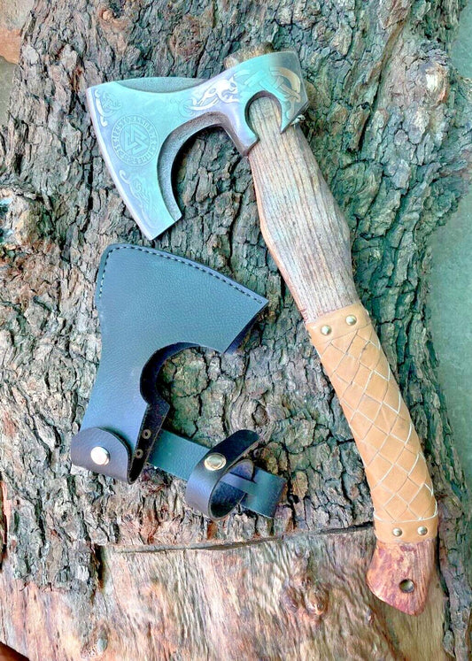 Custom Handmade Carbon Steel Axe Viking Axe with Wooden Handle & Leather Sheath