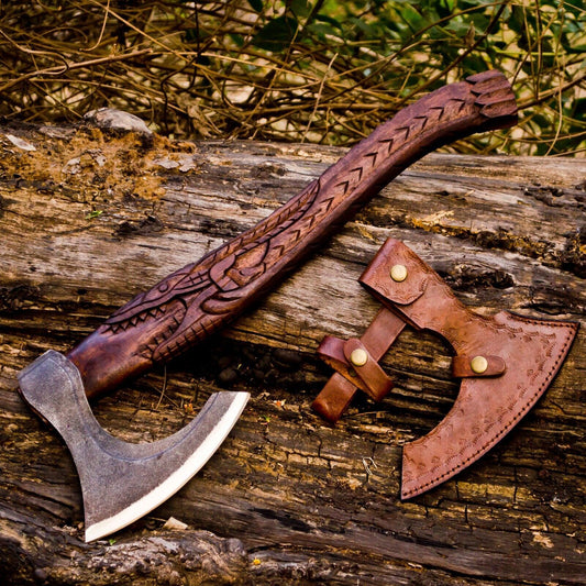 Custom Handmade Carbon Steel Axe Viking Tomahawk Axe with Engraved Wood Handle