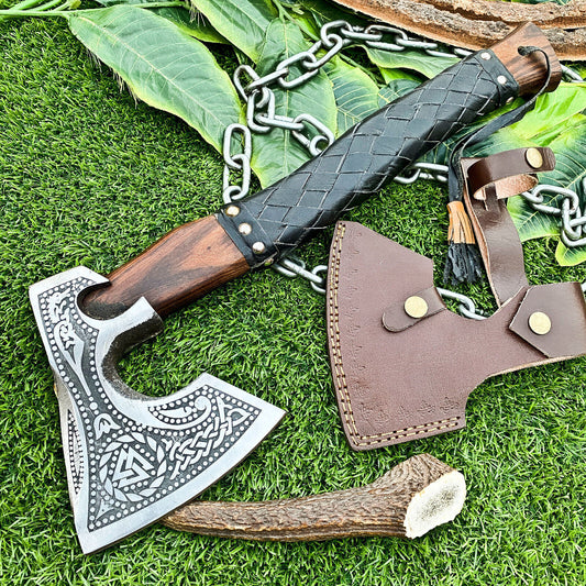 Custom Handmade Carbon Steel Etched Viking Tomahawk Hatchet Axe EDC with Walnut Wood Leather Wrapped Handle and Sheath