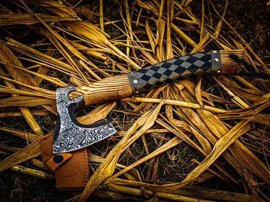 Custom Handmade Carbon Steel Hunting Axe with Ash Wood Handle and Leather Sheath