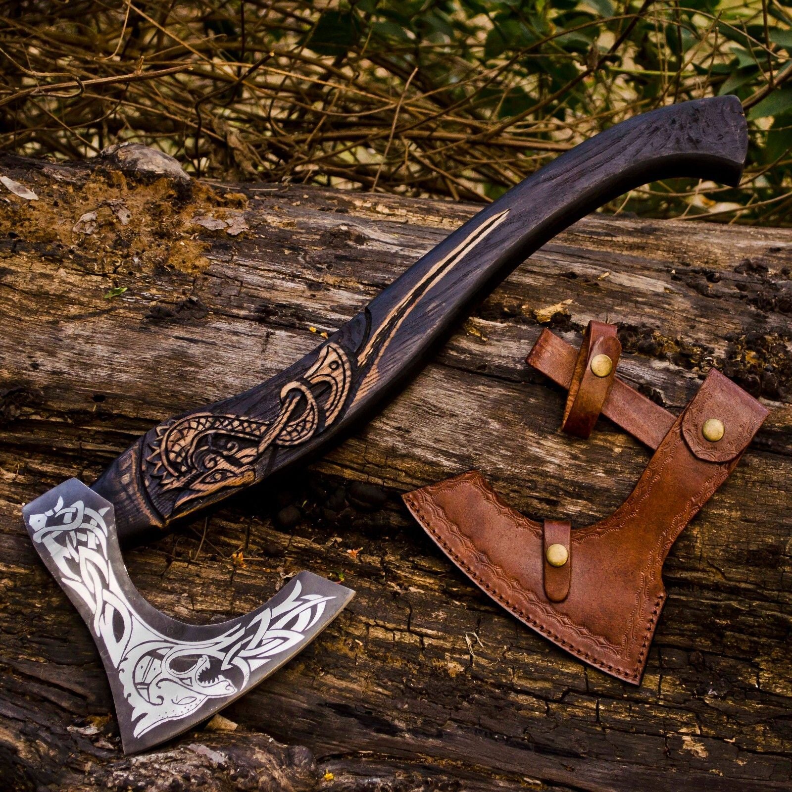 Custom Handmade Carbon Steel Viking Axe Tomahawk Throwing Hatchet with Engraved Ash Wood Handle and Sheath