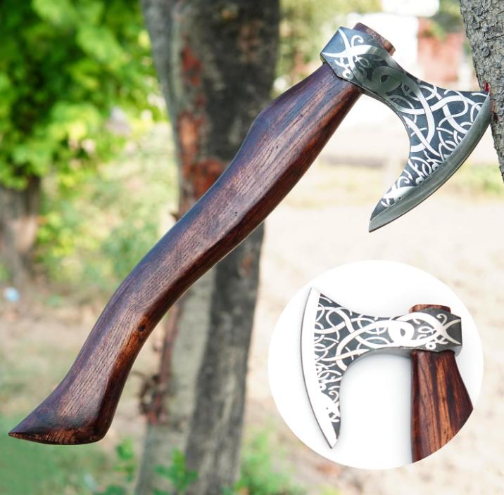 Custom Handmade Carbon Steel Viking Axe with Ash Wood Handle and Leather Sheath