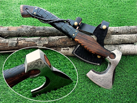 Custom Handmade Carbon Steel Viking Bearded Axe with Rose Wood Handle and Leather Sheath