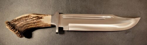 Handmade D2 Steel Bowie Knife with Stag Crown Handle and Leather Sheath 