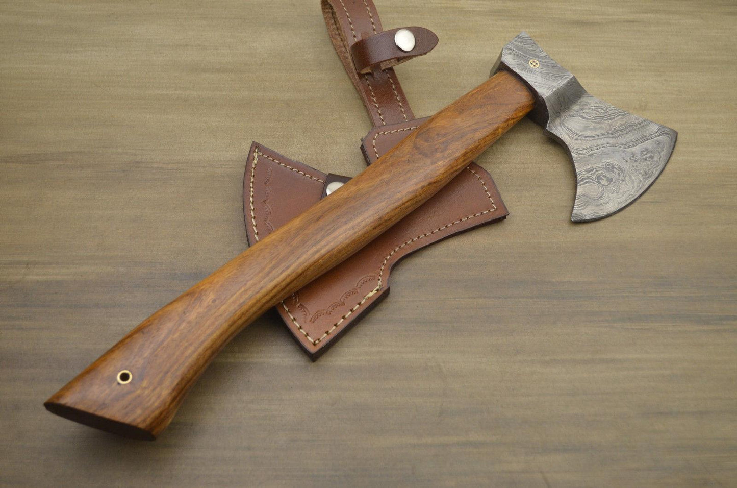 Custom Handmade Damascus Axe with Rose Wood Handle | Premium Damascus Steel Axe with Leather Sheath
