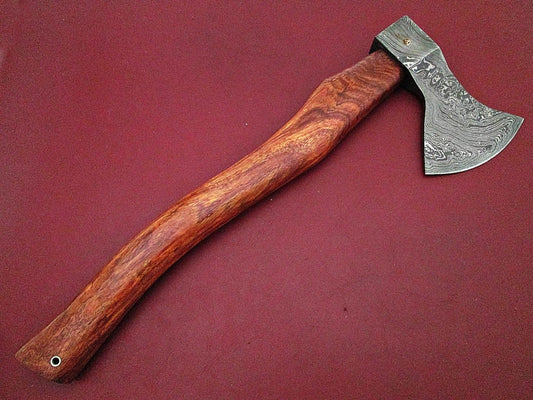 Custom Handmade Damascus Axe with Walnut Wood Handle and Leather Sheath